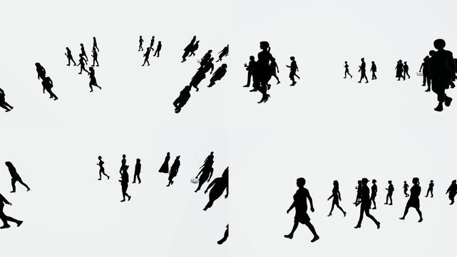 Silhouette crowd top view collection for green screen compositing with chromakey background and 3d animated cartoon animation style. Overhead pedestrian footage for editing scenes transitions.