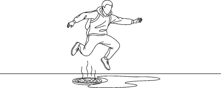 Cartoon character jumping over small puddle quickly.