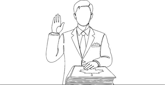 Illustrated man taking an oath with raised right hand.