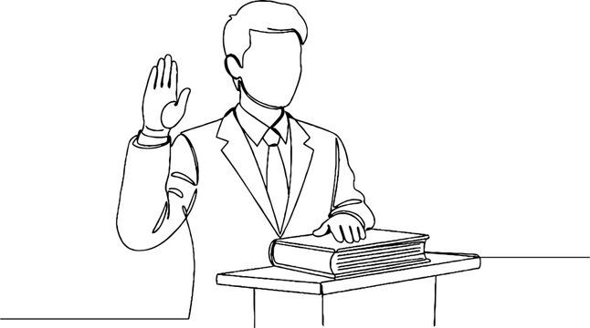 Businessman taking oath at podium with raised hand.