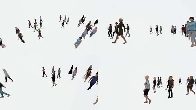 Crowd top view collection for green screen compositing with chromakey background and 3d animated cartoon animation style. Overhead pedestrian motion footage for editing scenes transitions.