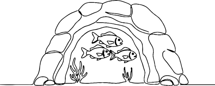 Cute cartoon fish swimming inside underwater cave illustration.
