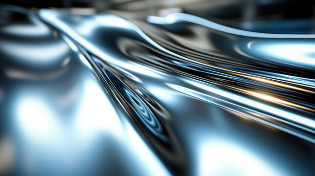 A polished, rippling surface reflects light creating abstract waves and curves, resulting in a mesmerizing and modern futuristic design with metallic textures.