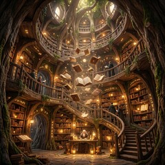 Fototapeta premium Magical ancient library inside a giant hollow tree with floating books and a wizard at a desk