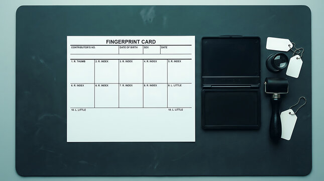 Fingerprint card form displayed on a computer monitor with sample fingerprint tags Detective Mystery Document, Dark Cinematic
