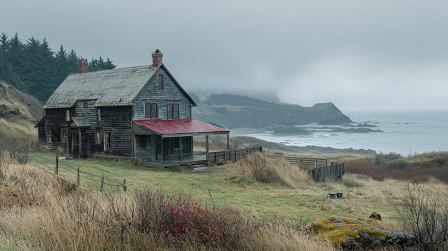 An old weathered farmhouse sits led on a grassy hill overlooking the rugged coastline and misty ocean in a serene yet hauntingly beautiful landscape scene.
