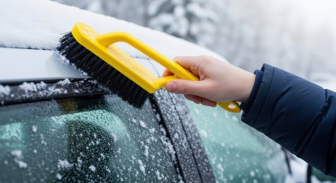 Hand of a person using a yellow brush to clean snow off a white car window during winter
