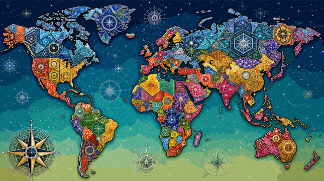A vibrant and intricately designed world map illustration, showcasing continents and countries adorned with colorful geometric patterns and celestial motifs against a starry night sky.
