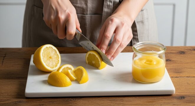 Close-up of hands slicing fresh yellow lemons on a white marble cutting board next to a jar of lemon curd