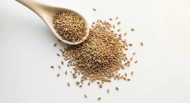 Small pile of ajwain seeds scattered from a ceramic spoon
