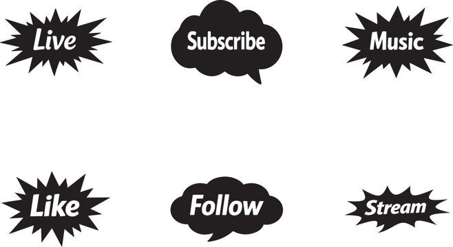 Editorial glitch social media icons with comic bubbles and black splash style on light background.