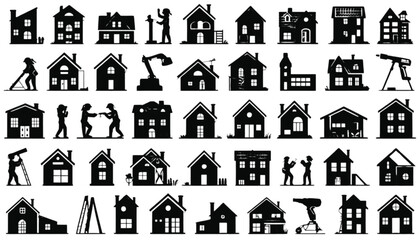 Fototapeta premium House construction icons display various residential buildings and contractors working on projects.