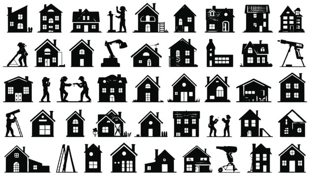 House construction icons display various residential buildings and contractors working on projects.