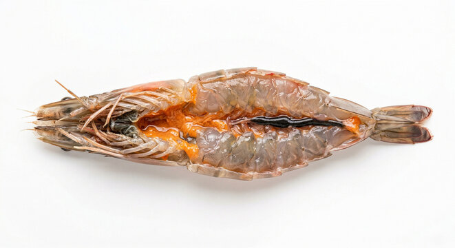 Macro close-up of raw king prawn split lengthways