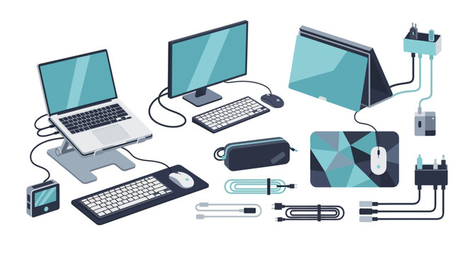 Modern computer setup with accessories, laptop, monitor, keyboard, mouse, cables