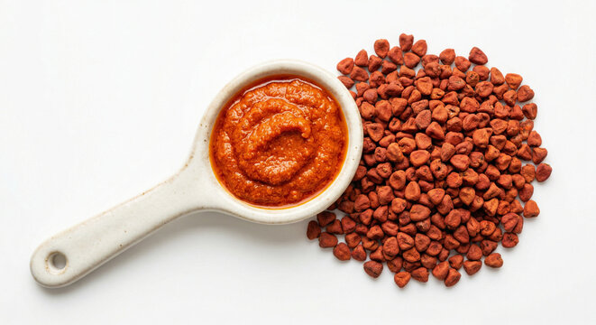 Small ceramic spoon with annatto paste and seeds
