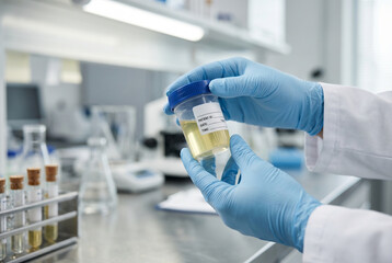 Fototapeta premium Laboratory Technician Holding Urine Sample Container in Medical Lab