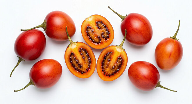 Fresh tamarillo fruits with vivid orange-red flesh and seeds