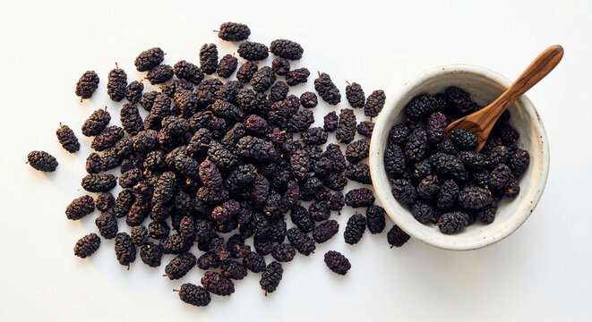 Pile of dried mulberries on white background