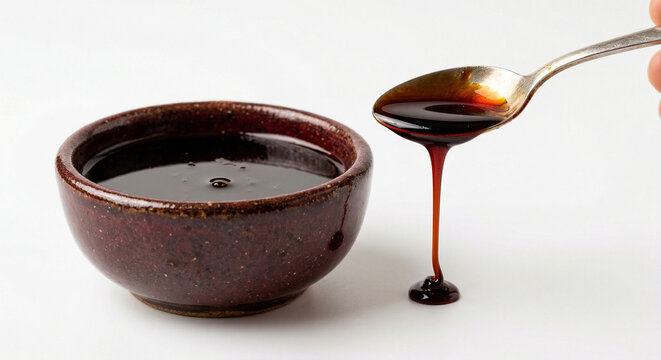 Small ceramic bowl of tahini with pomegranate molasses