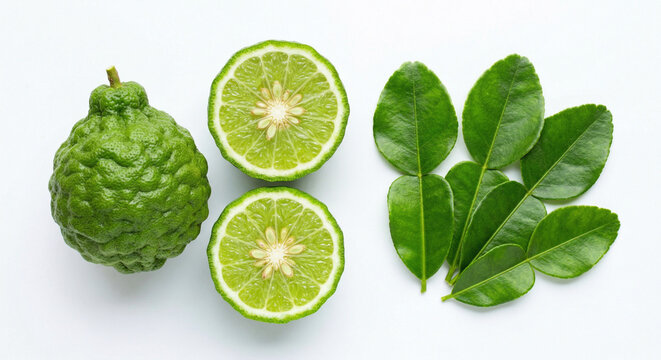 Fresh makrut lime whole and halved with leaves on white
