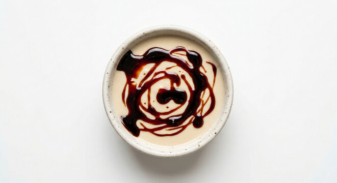 Ceramic bowl with creamy tahini and sesame paste drizzle