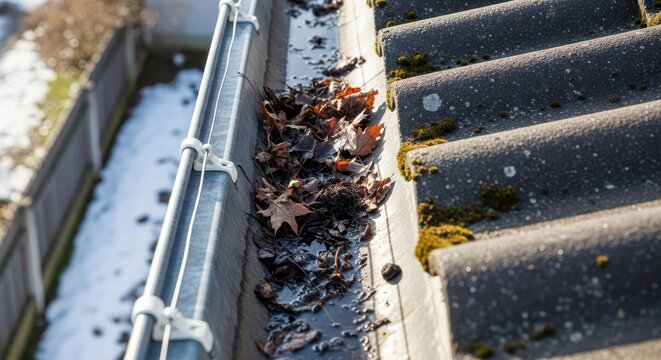 Clogged rain gutter filled with wet autumn leaves and debris on a residential roof, indicating a need for cleaning.