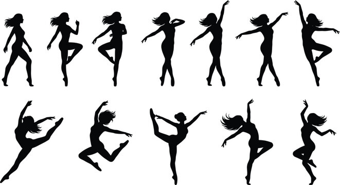 Ballet dancer silhouette vector set featuring graceful women in contemporary dance jumps gymnastics poses and flexible leaps