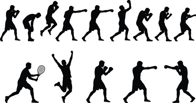 Boxer silhouette vector set featuring athletic men boxing punch positions combat training poses and celebration icons