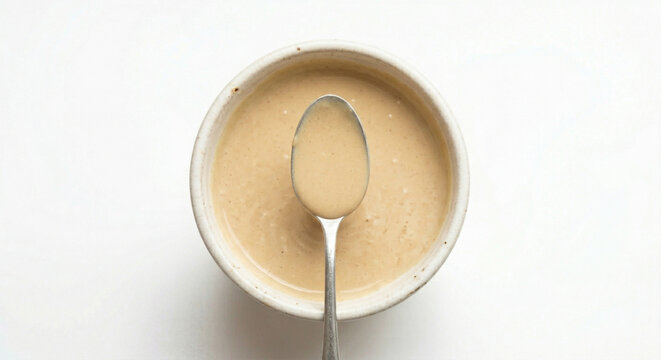 Small ceramic bowl of tahini with smooth texture