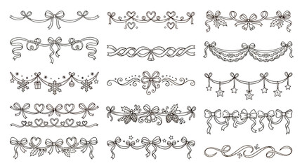 Obraz premium Collection of Hand-Drawn Decorative Borders and Ornaments with Bows, Hearts, Snowflakes, and Stars.