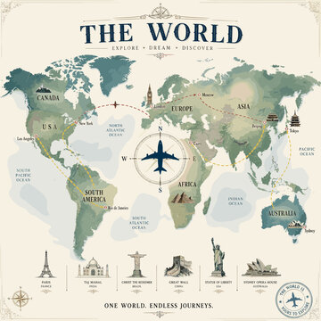 A world map illustrating popular travel destinations and iconic landmarks, with a flight path connecting continents.