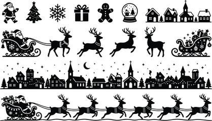 Christmas vector icon bundle with Santa Claus in sleigh flying reindeer team and winter village silhouette borders © MDSAMEUL