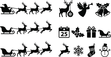 Christmas vector icon set with Santa Claus flying in sleigh running reindeer silhouettes and festive holiday symbols © MDSAMEUL