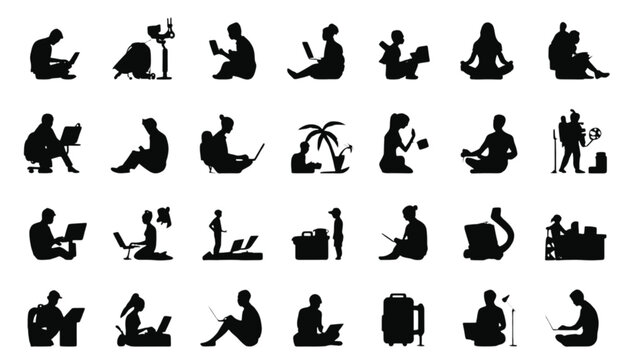 Silhouettes of people working with technology are arranged in a clean grid to illustrate digital nomads and modern professional lifestyles in the workplace.