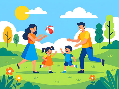 Happy family enjoying a sunny day playing with a ball in a park, surrounded by nature and flowers