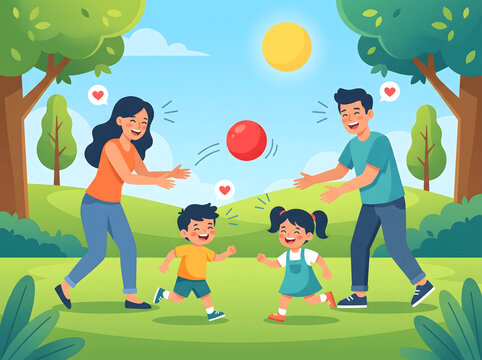 Happy family playing with a ball in a park on a sunny day, enjoying outdoor activity and quality time together