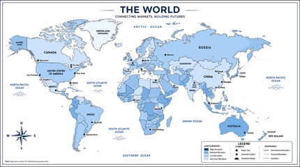 Fototapeta premium World map showing countries with varying shades of blue, indicating different market sizes and economic potential, with oceans and continents clearly labeled.