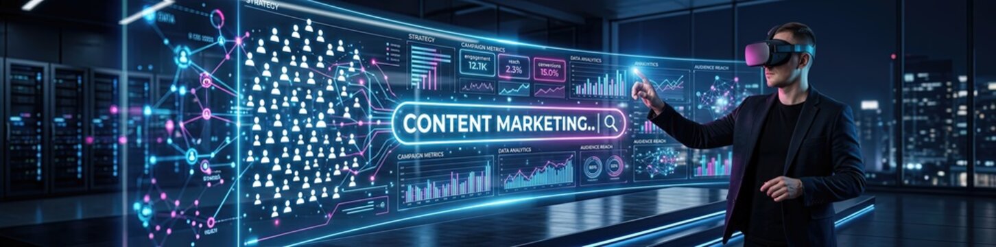 Innovative virtual reality content marketing strategies digital workspace visual presentation high-tech environment engaging perspective futuristic concepts for enhanced audience engagement