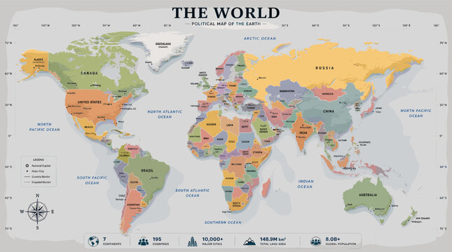 A detailed political world map showing continents, countries, oceans, and major bodies of water with clear labeling for easy geographical reference.