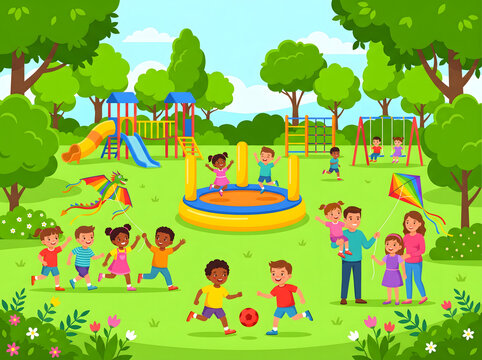 Lively scene of happy children and families enjoying a sunny day at a colorful public park playground, engaging in various recreational activities and outdoor games