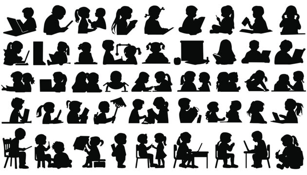 Children using digital devices and reading books in a grid demonstrate the habits of modern youth engaged in educational and interactive learning activities now.