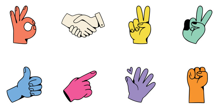 Diverse hand gestures and symbols in flat vector style