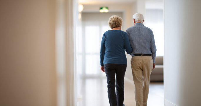 Elderly couple walking down hallway