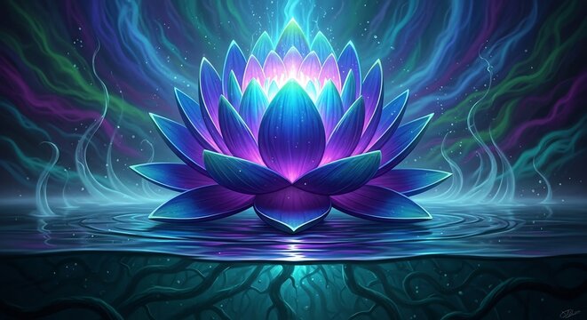 Vibrant purple and blue lotus flower with magical energy swirls.