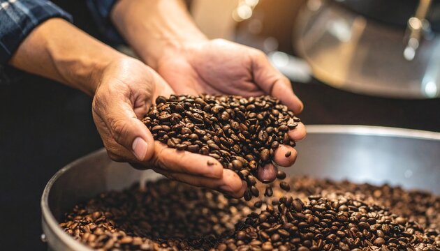 Hands Hold Coffee Beans in a Bowl at a Coffee Shop During the Daytime as a Worker Prepares to Brew Fresh Coffee
