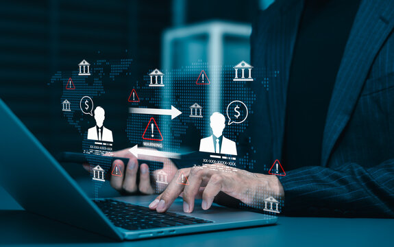 Banking fraud risk and financial transaction monitoring concept. global money transfer, warning alerts, customer profiles, bank icons, compliance checks, AML anti-money laundering, and cybersecurity