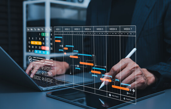 Project schedule planning and Gantt chart management concept. Businessman using tablet, calendar timeline, task checklist, weekly milestones, workflow tracking, deadline control, and productivity