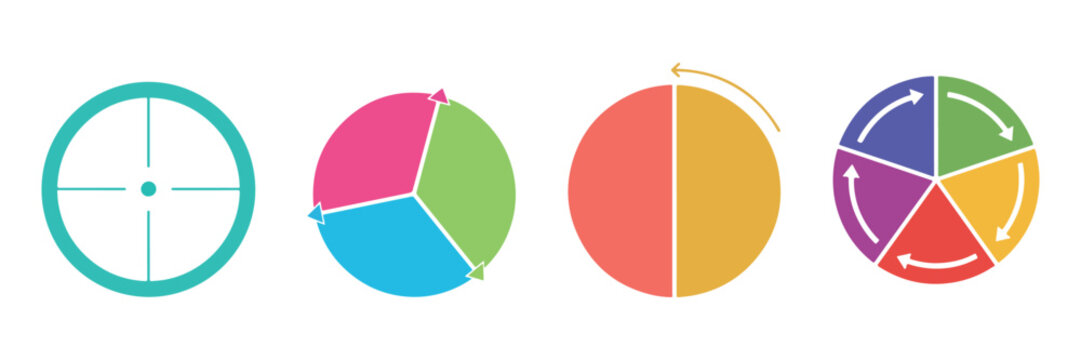 Four colorful circular diagrams with arrows and segments