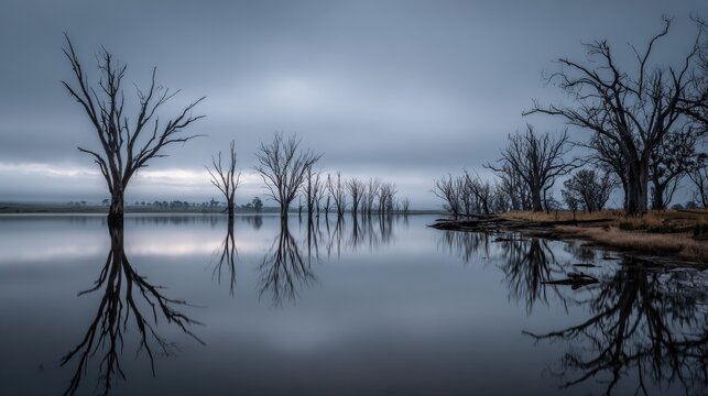 Dead trees reflected in a calm lake.